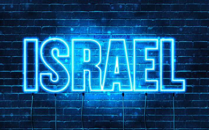 Israel, 4k, taustakuvia nimet, vaakasuuntainen teksti, Israel nimi, blue neon valot, kuva Israelin kanssa nimi