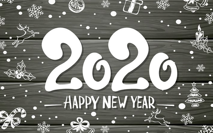 2020 branco d&#237;gitos, 4k, Feliz Ano Novo 2020, cinza de madeira de fundo, 2020 arte abstrata, 2020 conceitos, 2020 d&#237;gitos do ano, 2020 no plano de fundo cinza, Novo Ano De 2020