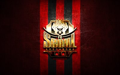 Seoul FC, golden logo, K League 1, red metal background, football, FC Seoul, South Korean football club, Seoul FC logo, soccer, South Korea