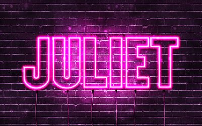 Juliet, 4k, wallpapers with names, female names, Juliet name, purple neon lights, horizontal text, picture with Juliet name