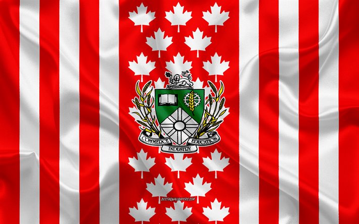Coat of arms of Saskatoon, Canadian flag, silk texture, Saskatoon, Canada, Seal of Saskatoon, Canadian national symbols