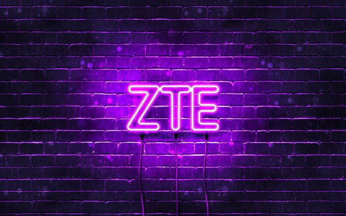 ZTE violet logo, 4k, violet brickwall, ZTE logo, brands, ZTE neon logo, ZTE
