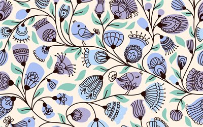 retro texture with birds, retro backgrounds, floral retro background, floral retro texture, blue flowers retro backgrounds, retro seamless pattern
