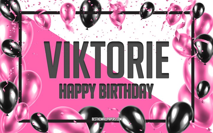 お誕生日おめでViktorie, お誕生日の風船の背景, Viktorie, 壁紙名, Viktorieお誕生日おめで, ピンク色の風船をお誕生の背景, ご挨拶カード, Viktorie誕生日
