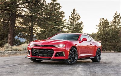 supercars, Chevrolet Camaro, 2017 cars, muscle cars, red Camaro, headlights, Chevrolet