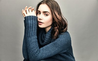 Lily Collins, portrait, blue sweater, American actress, To the Bone