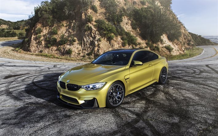 BMW M4, mountain road, F82, golden m4, supercars, BMW