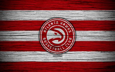 4k, Atlanta Hawks, NBA, wooden texture, basketball, Eastern Conference, USA, emblem, basketball club, Atlanta Hawks logo