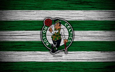 4k, Boston Celtics, NBA, wooden texture, basketball, Eastern Conference, USA, emblem, basketball club, Boston Celtics logo