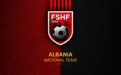 Albanian jalkapallomaajoukkue, 4k, nahka rakenne, tunnus, logo, jalkapallo, Albania, Euroopassa