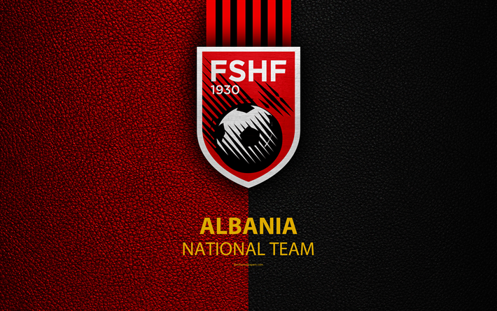 Albania national football team, 4k, leather texture, emblem, logo, football, Albania, Europe