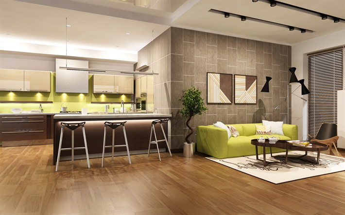 interior da sala de estar, cozinha, design moderno, verde mobili&#225;rio, design elegante