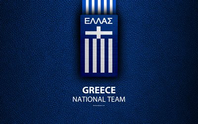 Greece national football team, 4k, leather texture, emblem, logo, football, Greece, Europe