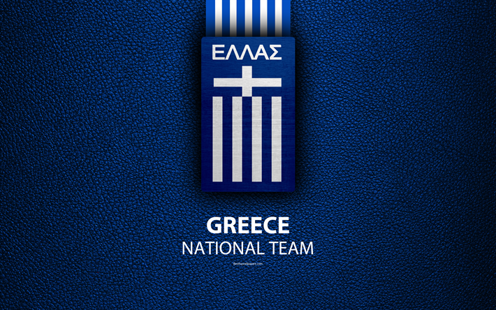 Grecia squadra nazionale di calcio, 4k, texture in pelle, emblema, logo, calcio, Grecia, Europa