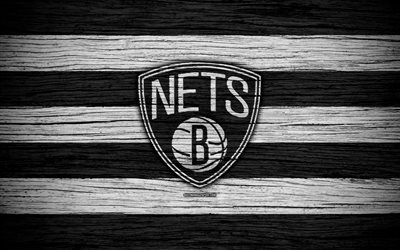 4k, Brooklyn Nets, NBA, wooden texture, basketball, Eastern Conference, USA, emblem, basketball club, Brooklyn Nets logo