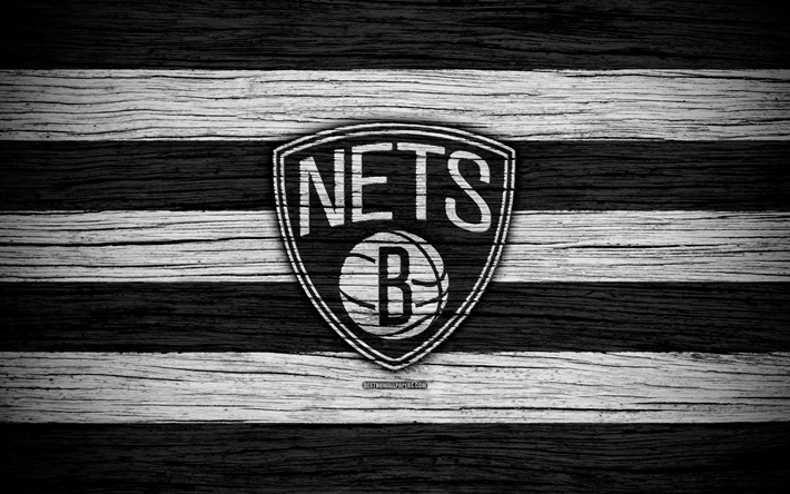 4k, Brooklyn Nets, NBA, ahşap doku, basketbol, Doğu Konferansı, ABD, amblem, basketbol kul&#252;b&#252;, Brooklyn Nets logosu