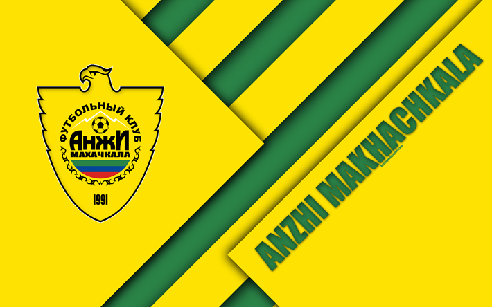 Le FC Anzhi Makhachkala, 4k, le logo, la conception de mat&#233;riaux, jaune vert de l&#39;abstraction, de russie de football club de Makhatchkala, en Russie, le football, Premier League russe
