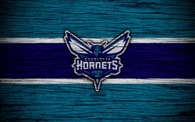 4k, Charlotte Hornets, NBA, wooden texture, basketball, Eastern Conference, USA, emblem, basketball club, Charlotte Hornets logo