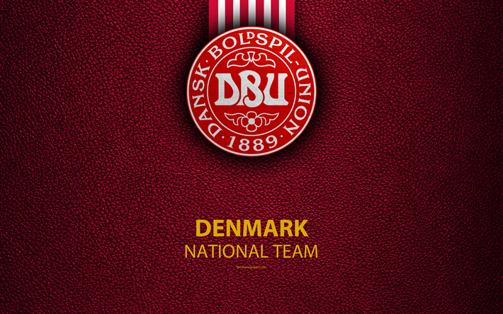 Denmark national football team, 4k, leather texture, emblem, logo, football, Denmark, Europe