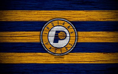 4k, Indiana Pacers, NBA, wooden texture, basketball, Eastern Conference, USA, emblem, basketball club, Indiana Pacers logo
