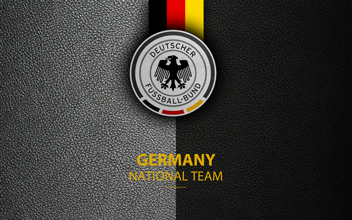 Germany national football team, 4k, leather texture, emblem, logo, football, Germany, Europe