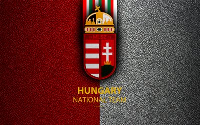 Hungary national football team, 4k, leather texture, emblem, logo, football, Hungary, Europe