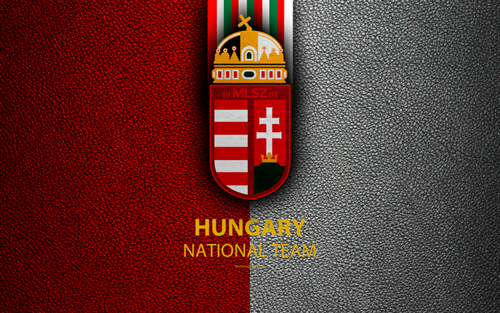 ungarn-fu&#223;ball-nationalmannschaft, 4k, leder textur, wappen, logo, fussball, ungarn, europa