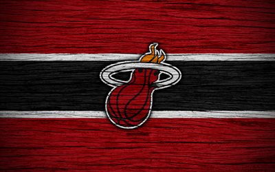 4k, Miami Heat, NBA, wooden texture, basketball, Eastern Conference, USA, emblem, basketball club, Miami Heat logo