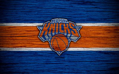 4k, New York Knicks, NBA, wooden texture, basketball, Eastern Conference, NY Knicks, USA, emblem, basketball club, New York Knicks logo