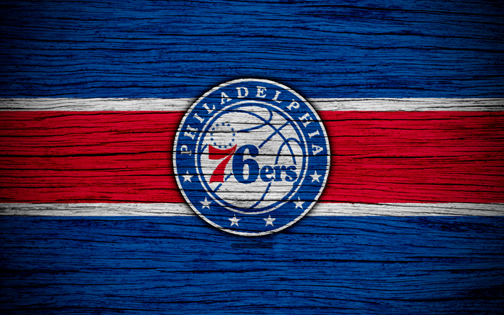 4k, Philadelphia 76ers, NBA, wooden texture, basketball, Eastern Conference, USA, emblem, basketball club, Philadelphia 76ers logo