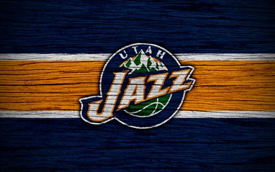 4k, Utah Jazz, NBA, wooden texture, basketball, Western Conference, USA, emblem, basketball club, Utah Jazz logo