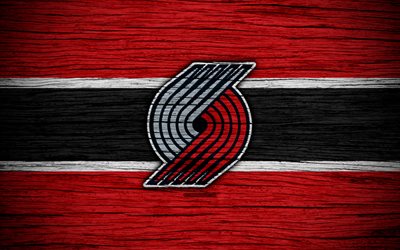 4k, Portland Trail Blazers, NBA, wooden texture, basketball, Western Conference, USA, emblem, basketball club, Portland Trail Blazers logo