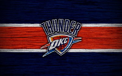4k, Oklahoma City Thunder, NBA, wooden texture, basketball, Western Conference, USA, emblem, basketball club, Oklahoma City Thunder logo