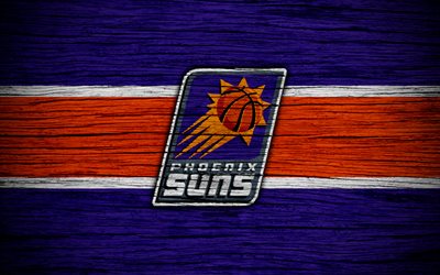 4k, O Phoenix Suns, NBA, textura de madeira, basquete, Confer&#234;ncia Oeste, EUA, emblema, basquete clube, O Phoenix Suns logotipo