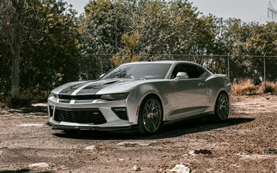 Chevrolet Camaro ZL1, 2018, silver sports coupe, tuning, silver new Camaro, American sports cars, Chevrolet