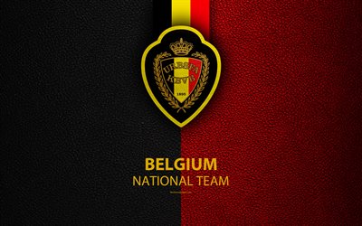 Belgium national football team, 4k, leather texture, emblem, logo, football, Belgium, Europe