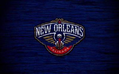 4k, New Orleans Pelicans, NBA, wooden texture, basketball, Western Conference, USA, emblem, basketball club, New Orleans Pelicans logo