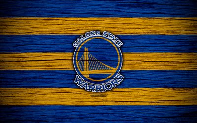 4k, Golden State Warriors, NBA, textura de madeira, basquete, Confer&#234;ncia Oeste, EUA, emblema, basquete clube, Golden State Warriors logotipo
