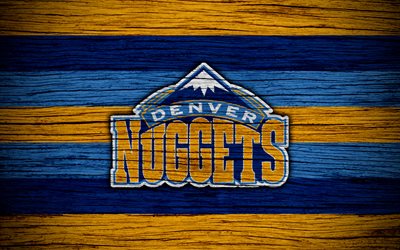 4k, Denver Nuggets, NBA, textura de madeira, basquete, Confer&#234;ncia Oeste, EUA, emblema, basquete clube, Denver Nuggets logotipo