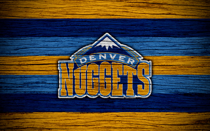 4k, Denver Nuggets, NBA, wooden texture, basketball, Western Conference, USA, emblem, basketball club, Denver Nuggets logo