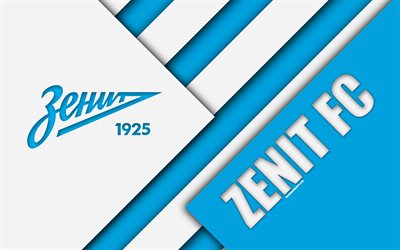 FC Zenit Saint Petersburg, 4k, malzeme tasarım, beyaz, mavi soyutlama, logo, Rus Futbol Kul&#252;b&#252;, St Petersburg, Rusya futbol, Rusya Premier Ligi
