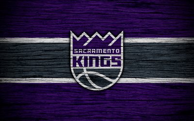 4k, Sacramento Kings, NBA, wooden texture, basketball, Western Conference, USA, emblem, basketball club, Sacramento Kings logo