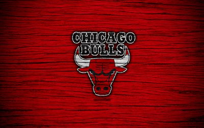 4k, Chicago Bulls, NBA, ahşap doku, kırmızı arka plan, basketbol, Doğu Konferansı, ABD, amblem, basketbol kul&#252;b&#252;, Chicago Bulls logosu