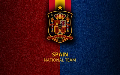 Spain national football team, 4k, leather texture, emblem, logo, football, Spain, Europe