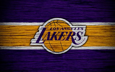 4k, Los Angeles Lakers, NBA, ahşap doku, basketbol, LA Lakers, Batı Konferansı, ABD, amblem, basketbol kul&#252;b&#252;, Los Angeles Lakers logosu