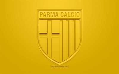 Parma Calcio 1913, creative 3D logo, yellow background, 3d emblem, Italian football club, Serie A, Parma, Italy, 3d art, football, stylish 3d logo