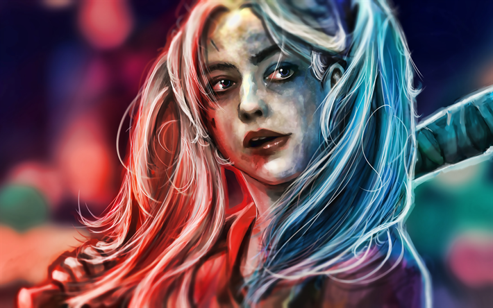 Harley Quinn, close-up, obras de arte, supervillano de DC Comics, Harley Quinn retrato
