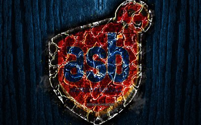 AS Beziers, scorched logo, Ligue 2, blue wooden background, french football club, Beziers FC, grunge, football, soccer, Beziers logo, fire texture, France