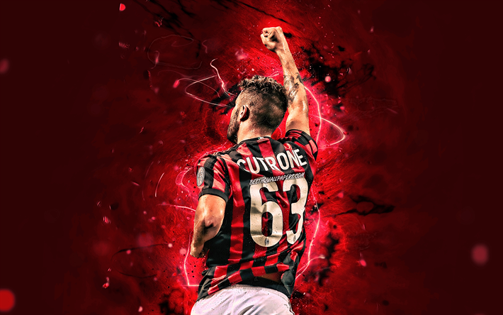 Patrick Cutrone, vue de dos, l&#39;AC Milan, le soccer, la Serie A football italien, close-up, des n&#233;ons, Milan FC, Cutrone, en avant, le football, le Milan, Italie