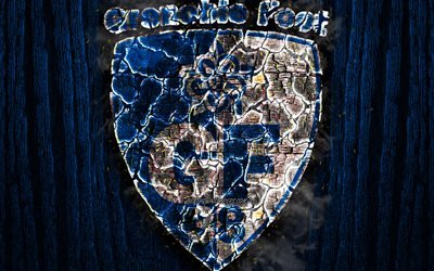 Grenoble Foot 38, scorched logo, Ligue 2, blue wooden background, french football club, Grenoble FC, grunge, football, soccer, Grenoble logo, fire texture, France